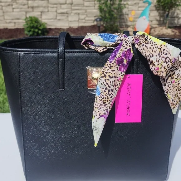 NWT BLACK BETSEY JOHNSON TOTE W/SCARF AND POUCH - Picture 1 of 8